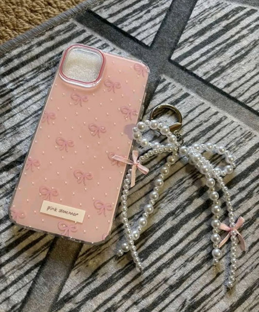 Luxury Pearl Bow iPhone Case – With Charm Pink Summer Aesthetic