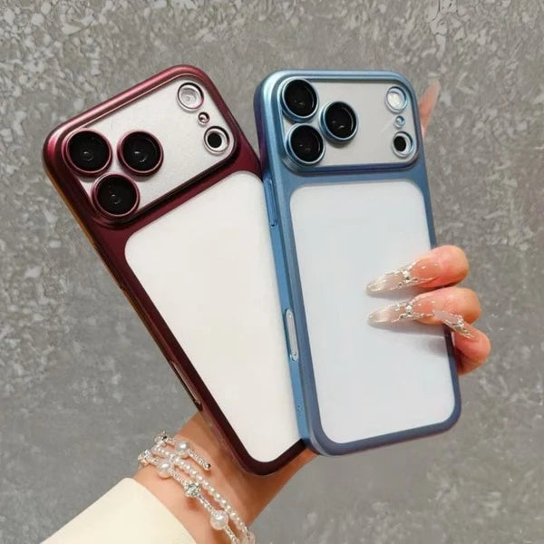 ✨Luxury Frosted Translucent PC Phone Case Plating Frame Lens Film Protection 18 Series