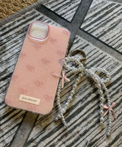 Luxury Pearl Bow iPhone Case – With Charm Pink Summer Aesthetic