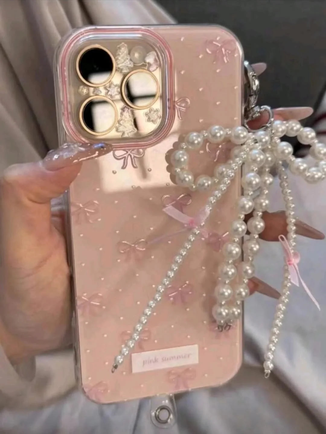 Luxury Pearl Bow iPhone Case – With Charm Pink Summer Aesthetic