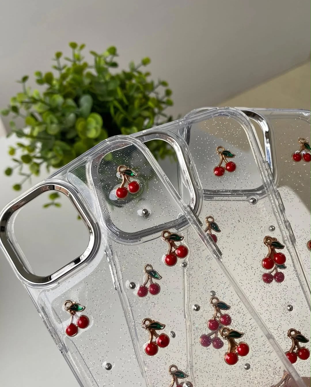 Cherry Charm Glitter Transparent iPhone Case